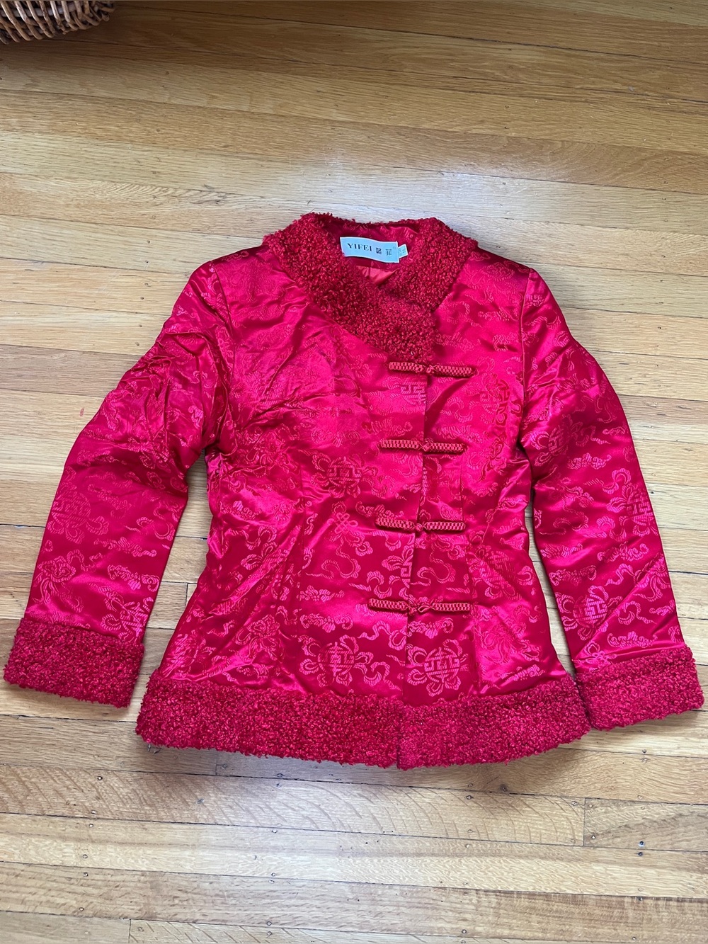 Yifei cherry red Chinese jacket silk blend faux karakul mongolian lamb fur M